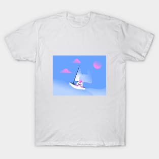 Girl on a boat in the ocean with a book in her hands T-Shirt